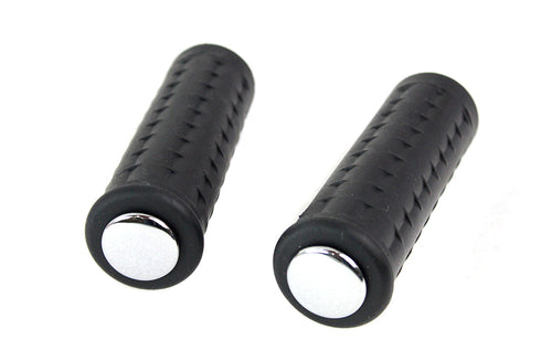 V-Twin Replica Black Waffle Handlebar Grip Set with Chrome Plugs - 28-0763