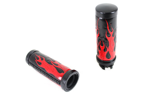V-Twin Red Flame Style Grip Set with Black Ends - 28-0890