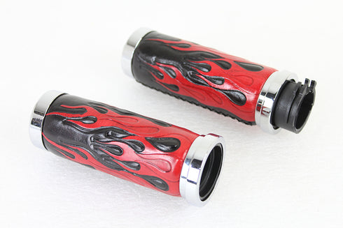 V-Twin Red Flame Style Grip Set with Chrome Ends - 28-0893