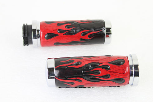 V-Twin Red Flame Style Grip Set with Chrome Ends - 28-0893