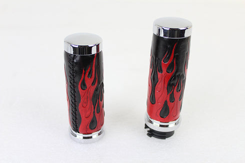 V-Twin Red Flame Style Grip Set with Chrome Ends - 28-0893