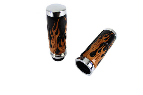 V-Twin Amber Flame Style Throttle By Wire Grip Set with Chrome Ends - 28-0899