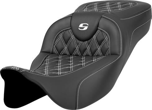 SADDLEMEN Extended Reach Roadsofa™ Seat - Lattice Stitch - White Stitch - without Backrest - FL '08-'24 808-07B-18406
