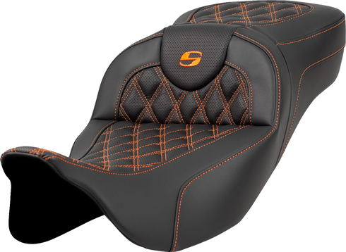 SADDLEMEN Extended Reach Roadsofa™ Seat - Lattice Stitch - Orange Stitch - without Backrest - FL '08-'24 808-07B-18403