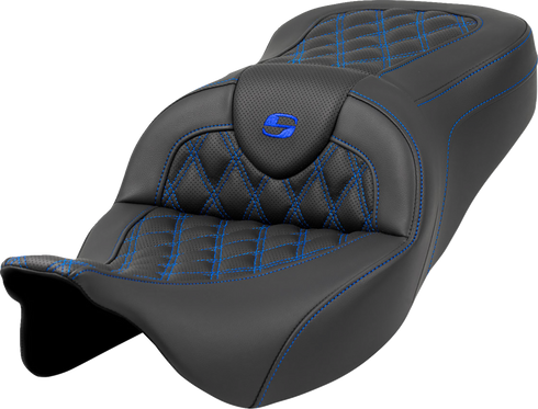 SADDLEMEN Roadsofa™ Seat - Lattice Stitch - Blue Stitch - without Backrest - FLH/FLT '08-'23 808-07B-18201