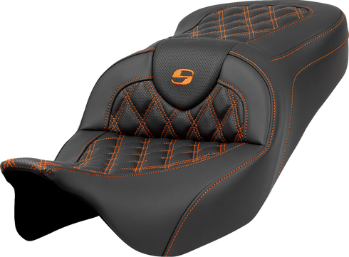 SADDLEMEN Roadsofa™ Seat - Lattice Stitch - Orange Stitch - without Backrest - FLH/FLT '08-'23 808-07B-18203