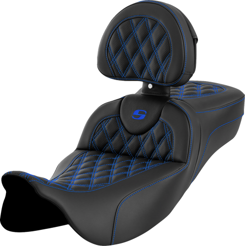 SADDLEMEN Roadsofa™ Extended Reach Seat - Lattice Stitch - Blue Stitch - with Backrest - FL '08-'24 808-07B-184B1
