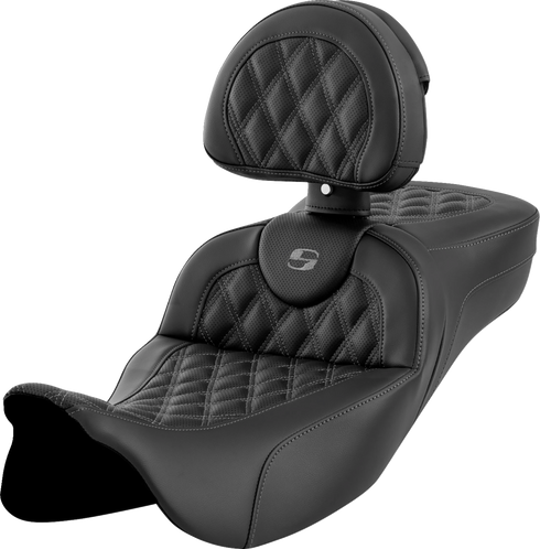 SADDLEMEN Roadsofa™ Extended Reach Seat - Lattice Stitch - Dark Gray Stitch - with Backrest - FL '08-'24 808-07B-184B2