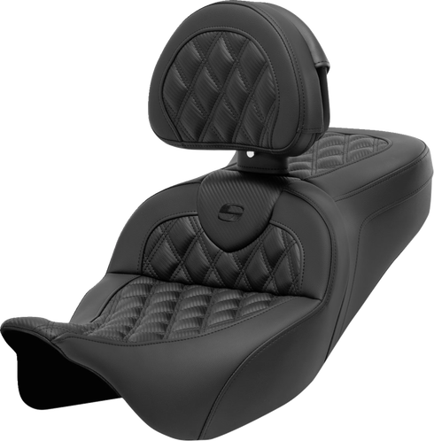 SADDLEMEN Roadsofa™ Seat - with Backrest - Lattice Stitch - Carbon Fiber - FL '08-'23 808-07B-206B0