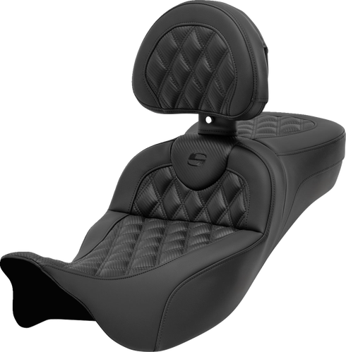 SADDLEMEN Roadsofa™ Extended Reach Seat - with Backrest - Lattice Stitch - Carbon Fiber - FL '08-'24 808-07B-207B0