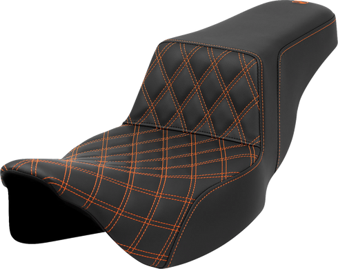 SADDLEMEN Step-Up Seat - Front Lattice Stitch - Orange Stitch - Extended Reach - FLH/FLT '08-'23 808-07E-17203