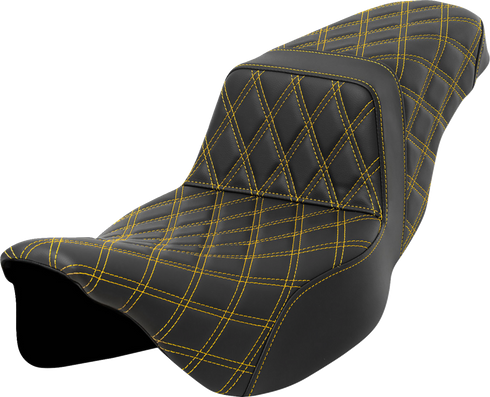 SADDLEMEN Step-Up Seat - Lattice Stitch - Gold Stitch - Extended Reach - FLH/FLT '08-'23 808-07E-17507