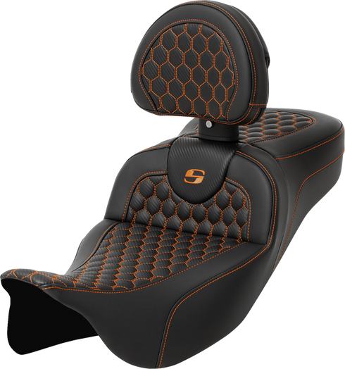 SADDLEMEN RoadSofa™ Seat - Honeycomb - Orange Stitch - with Backrest - Extended Reach - FLH/FLT '08-'24 808-07B-190B3