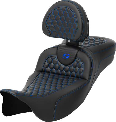SADDLEMEN RoadSofa™ Seat - Honeycomb - Blue Stitch - with Backrest - Extended Reach - FLH/FLT '08-'24 808-07B-190B1
