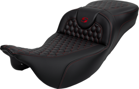 SADDLEMEN RoadSofa™ Seat - Honeycomb - Red Stitch - Extended Reach - without Backrest - FLH/FLT '08-'24 808-07B-19004