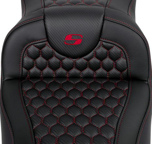 SADDLEMEN RoadSofa™ Seat - Honeycomb - Red Stitch - Extended Reach - without Backrest - FLH/FLT '08-'24 808-07B-19004