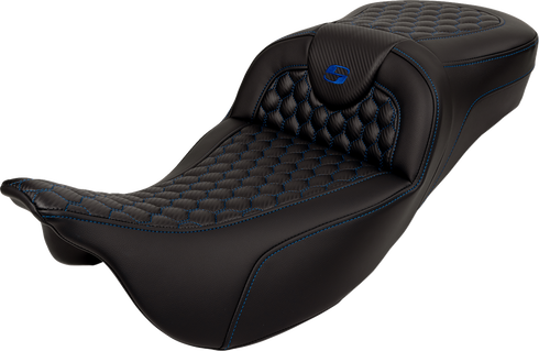 SADDLEMEN RoadSofa™ Seat - Honeycomb - Blue Stitch - Extended Reach - without Backrest - FLH/FLT '08-'24 808-07B-19001