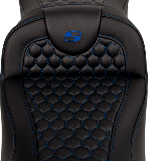 SADDLEMEN RoadSofa™ Seat - Honeycomb - Blue Stitch - Extended Reach - without Backrest - FLH/FLT '08-'24 808-07B-19001