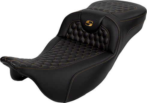SADDLEMEN RoadSofa™ Seat - Honeycomb - Gold Stitch - Extended Reach - without Backrest - FLH/FLT '08-'24 808-07B-19007