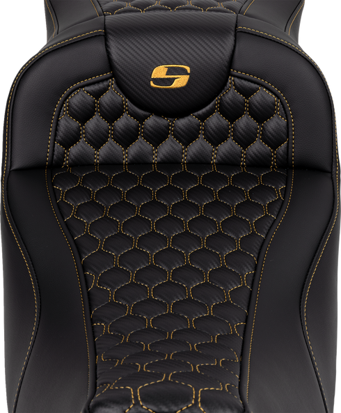 SADDLEMEN RoadSofa™ Seat - Honeycomb - Gold Stitch - Extended Reach - without Backrest - FLH/FLT '08-'24 808-07B-19007