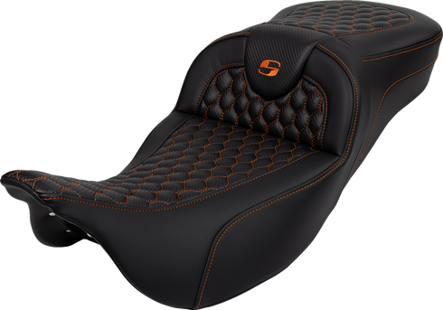 SADDLEMEN RoadSofa™ Seat - Honeycomb - Orange Stitch - Extended Reach - without Backrest - FLH/FLT '08-'24 808-07B-19003
