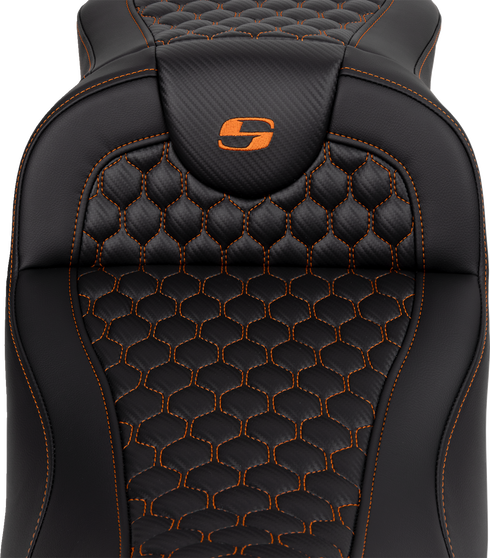 SADDLEMEN RoadSofa™ Seat - Honeycomb - Orange Stitch - Extended Reach - without Backrest - FLH/FLT '08-'24 808-07B-19003