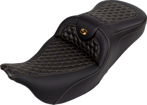 SADDLEMEN RoadSofa™ Seat - Honeycomb - Gold Stitch - without Backrest - FLH/FLT '08-'23 808-07B-18907