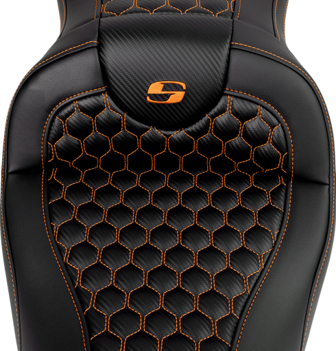SADDLEMEN RoadSofa™ Seat - Honeycomb - Orange Stitch - without Backrest - FLH/FLT '08-'23 808-07B-18903