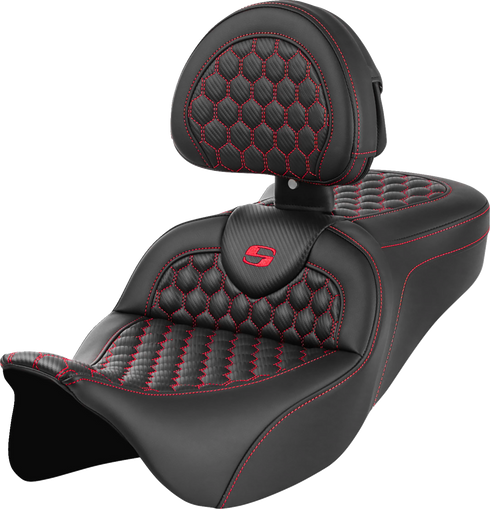 SADDLEMEN RoadSofa™ Seat - Honeycomb - Red Stitch - with Backrest - FLH/FLT '08-'23 808-07B-189B4