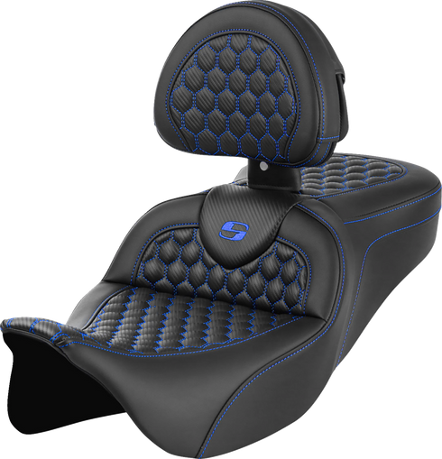 SADDLEMEN RoadSofa™ Seat - Honeycomb - Blue Stitch - with Backrest - FLH/FLT '08-'23 808-07B-189B1