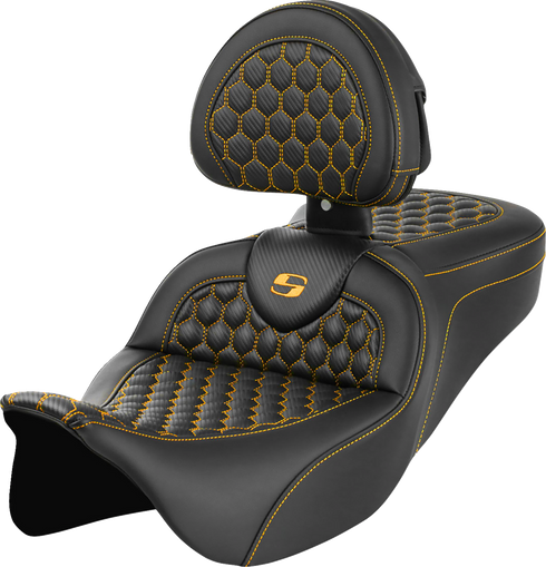 SADDLEMEN RoadSofa™ Seat - Honeycomb - Gold Stitch - with Backrest - FLH/FLT '08-'23 808-07B-189B7