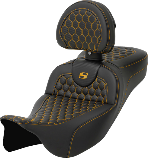 SADDLEMEN RoadSofa™ Seat - Honeycomb - Gold Stitch - with Backrest - Extended Reach - FLH/FLT '08-'24 808-07B-190B7