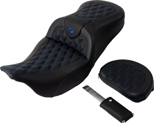 SADDLEMEN Roadsofa™ Seat - with Backrest - Blue Stitch - FL '08-'23 808-07B-182B1