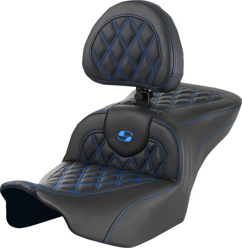 SADDLEMEN RoadSofa™ Seat - with Backrest - Lattice Stitch - Blue Stitch - FLTR/FLHX '23-'24 823-07-182B1