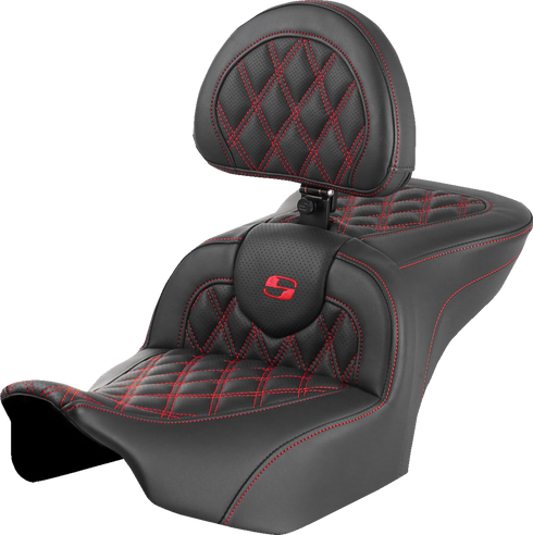 SADDLEMEN RoadSofa™ Seat - with Backrest - Lattice Stitch - Red Stitch - FLTR/FLHX '23-'24 823-07-182B4