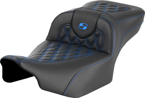 SADDLEMEN Roadsofa™ Extended Reach Seat - without Backrest - Lattice Stitch - Blue Stitch - FLTR/FLHX '23-'24 823-07-18401