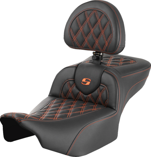 SADDLEMEN Roadsofa™ Extended Reach Seat - with Backrest - Lattice Stitch - Orange Stitch - FLTR/FLHX '23-'24 823-07-184B3