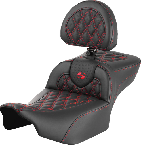 SADDLEMEN Roadsofa™ Extended Reach Seat - with Backrest - Lattice Stitch - Red Stitch - FLTR/FLHX '23-'24 823-07-184B4