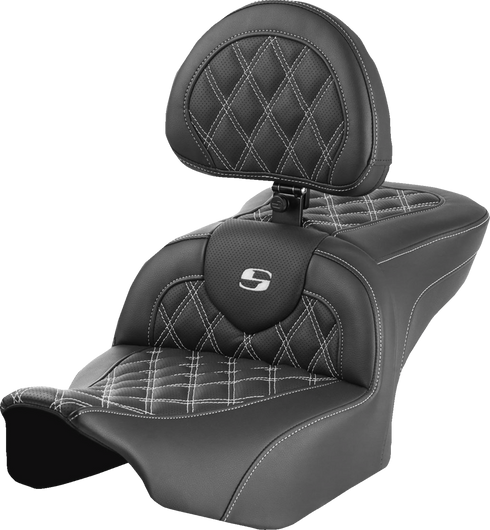 SADDLEMEN RoadSofa™ Seat - with Backrest - Lattice Stitch - White Stitch - FLTR/FLHX '23-'24 823-07-182B6