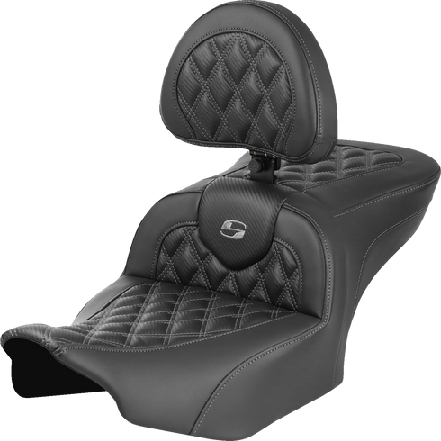 SADDLEMEN RoadSofa™ Seat - with Backrest - Carbon Fiber - Lattice Stitch - Gray Stitch - FLTR/FLHX '23-'24 823-07-206B2