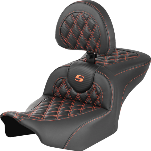 SADDLEMEN RoadSofa™ Seat - with Backrest - Carbon Fiber - Lattice Stitch - Orange Stitch - FLTR/FLHX '23-'24 823-07-206B3