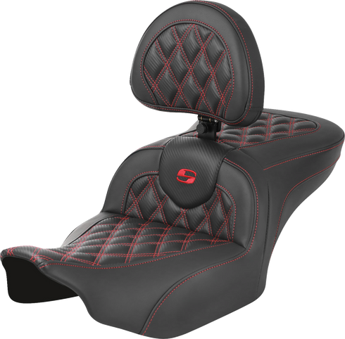 SADDLEMEN RoadSofa™ Seat - with Backrest - Carbon Fiber - Lattice Stitch - Red Stitch - FLTR/FLHX '23-'24 823-07-206B4