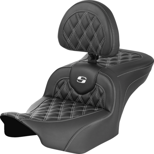 SADDLEMEN RoadSofa™ Seat - with Backrest - Carbon Fiber - Lattice Stitch - White Stitch - FLTR/FLHX '23-'24 823-07-206B6