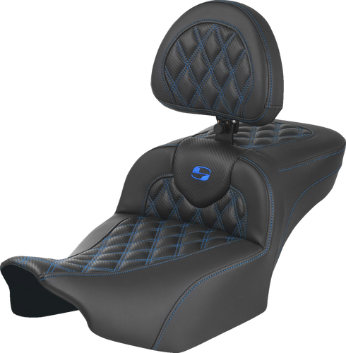 SADDLEMEN Roadsofa™ Extended Reach Seat - with Backrest - Lattice Stitch - Blue Stitch - FLTR/FLHX '23-'24 823-07-207B1