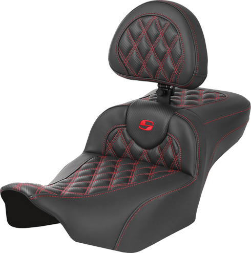 SADDLEMEN Roadsofa™ Extended Reach Seat - with Backrest - Lattice Stitch - Red Stitch - FLTR/FLHX '23-'24 823-07-207B4