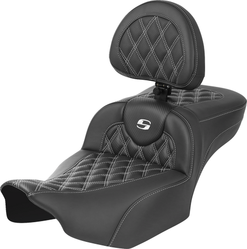 SADDLEMEN Roadsofa™ Extended Reach Seat - with Backrest - Lattice Stitch - White Stitch - FLTR/FLHX '23-'24 823-07-207B6