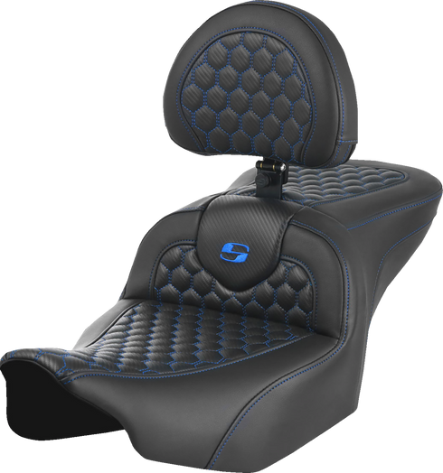 SADDLEMEN Roadsofa™ Seat - with Backrest - Honeycomb - Blue Stitch - FLTR/FLHX '23-'24 823-07-189B1