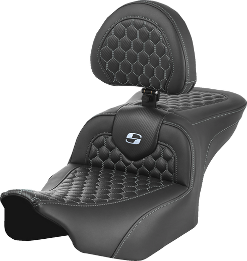 SADDLEMEN Roadsofa™ Seat - with Backrest - Honeycomb - Silver Stitch - FLTR/FLHX '23-'24 823-07-189B5