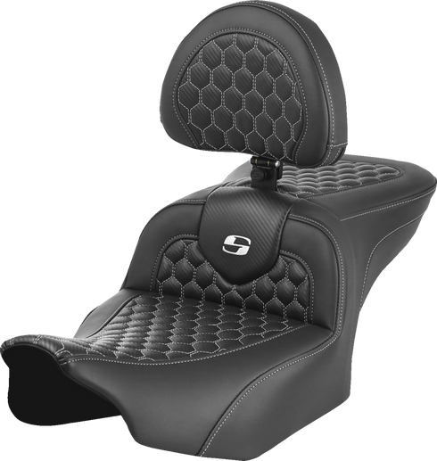 SADDLEMEN Roadsofa™ Seat - with Backrest - Honeycomb - White Stitch - FLTR/FLHX '23-'24 823-07-189B6