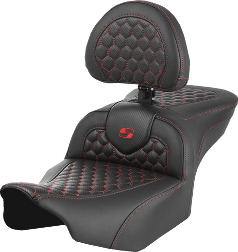 SADDLEMEN Roadsofa™ Seat - with Backrest - Honeycomb - Red Stitch - FLTR/FLHX '23-'24 823-07-189B4